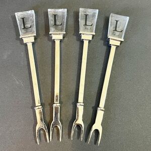 Vintage Cocktail Appetizer Forks Picks Acrylic Handle “L” Logo Stainless Set 4x